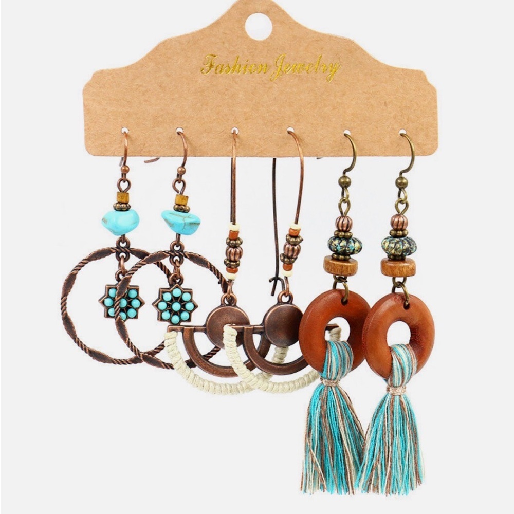 Drop & Tassel Earring Set Trio in Colors of Turquoise and Brown #2034 - Picture 2 of 3
